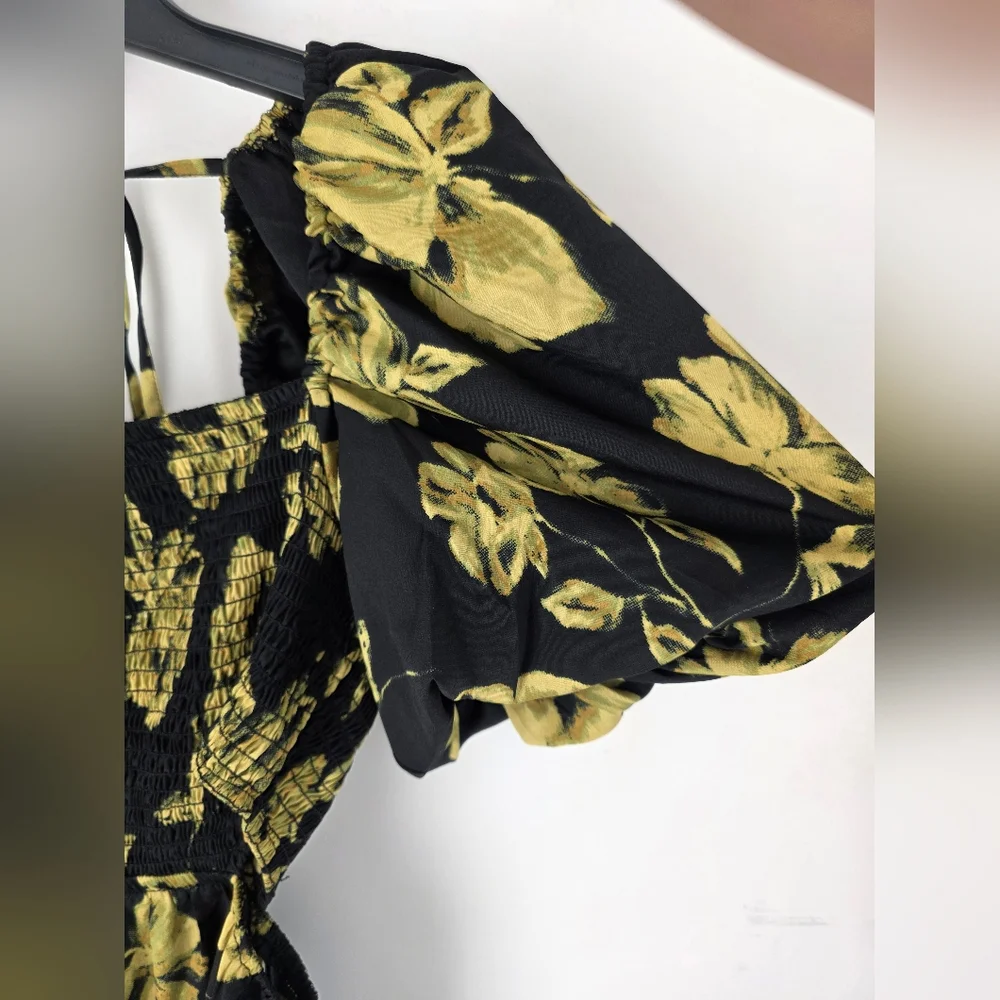 Blush Floral Maxi Dress Puff  Sleeves Smocked Bodice Black Yellow Size XL